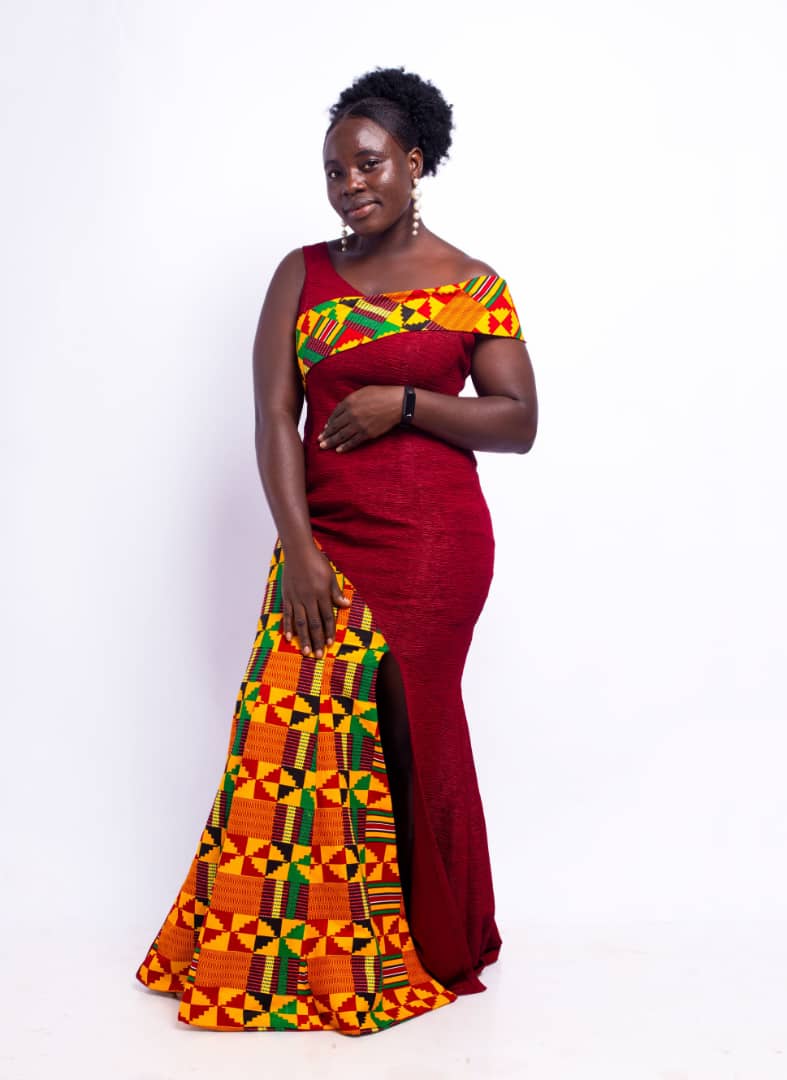 Panal Long Dress with Kente Print | African Women Wear XXL / Wine Panal Long Dress with Kente Print | African Women Wear XXL / Wine