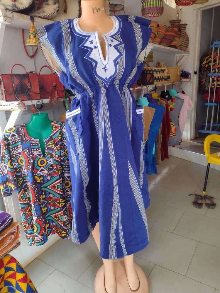 Blue, Gray And White Fugu Dress | African women wear XXXL Blue, Gray And White Fugu Dress | African women wear XXXL