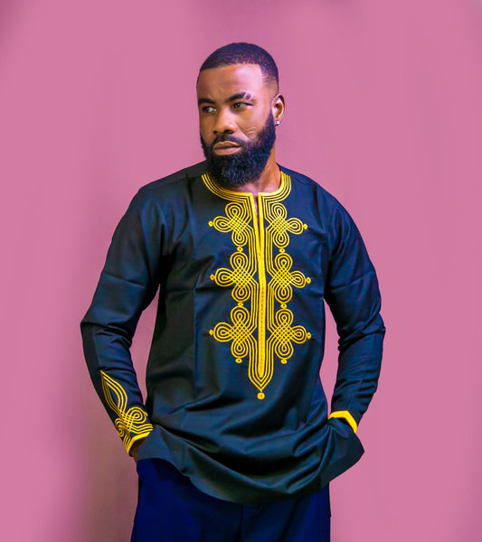 Abbiexpress AFRICAN'S MEN'S WEAR Black And Gold Embroidered Men African Shirt